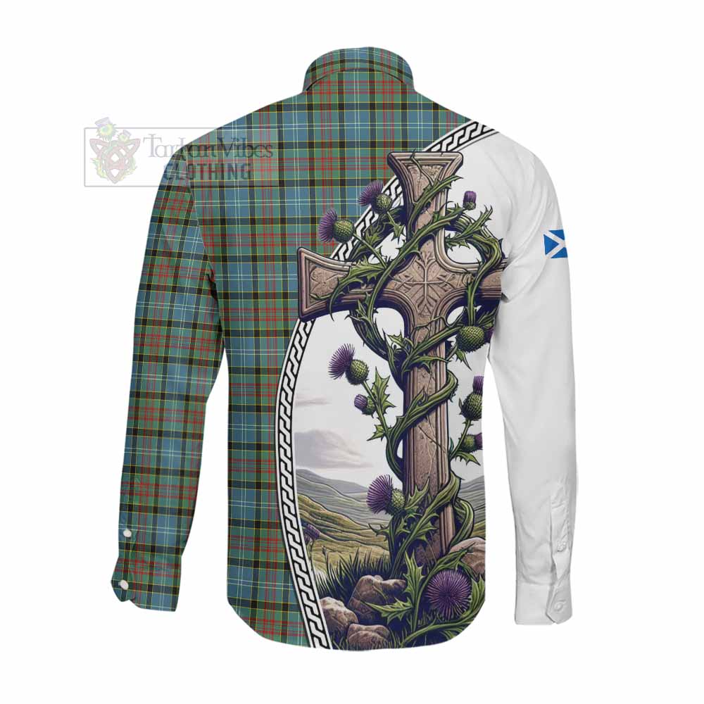 Tartan Vibes Clothing Brisbane Tartan Long Sleeve Button Shirt with Family Crest and St. Andrew's Cross Accented by Thistle Vines