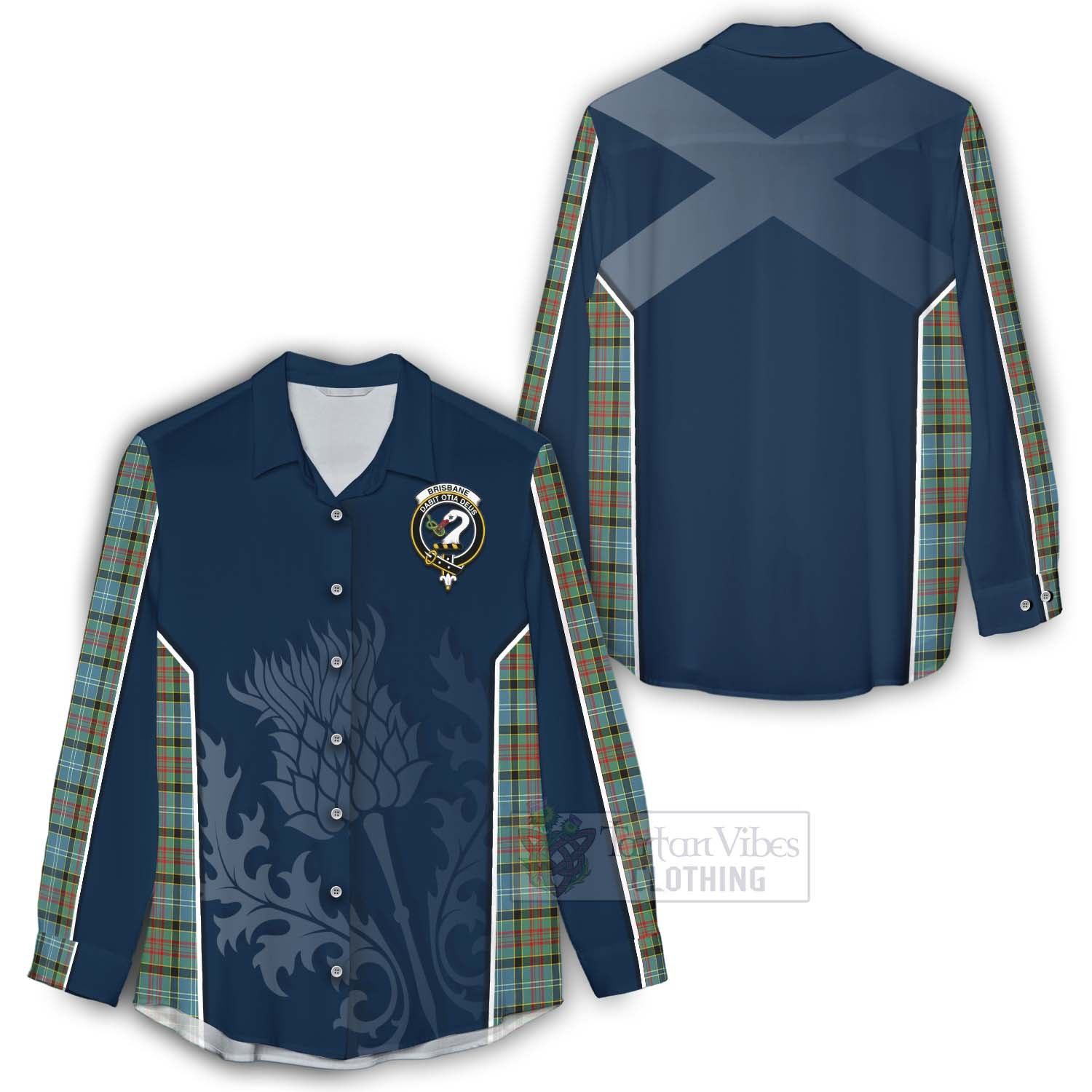 Tartan Vibes Clothing Brisbane Tartan Women's Casual Shirt with Family Crest and Scottish Thistle Vibes Sport Style