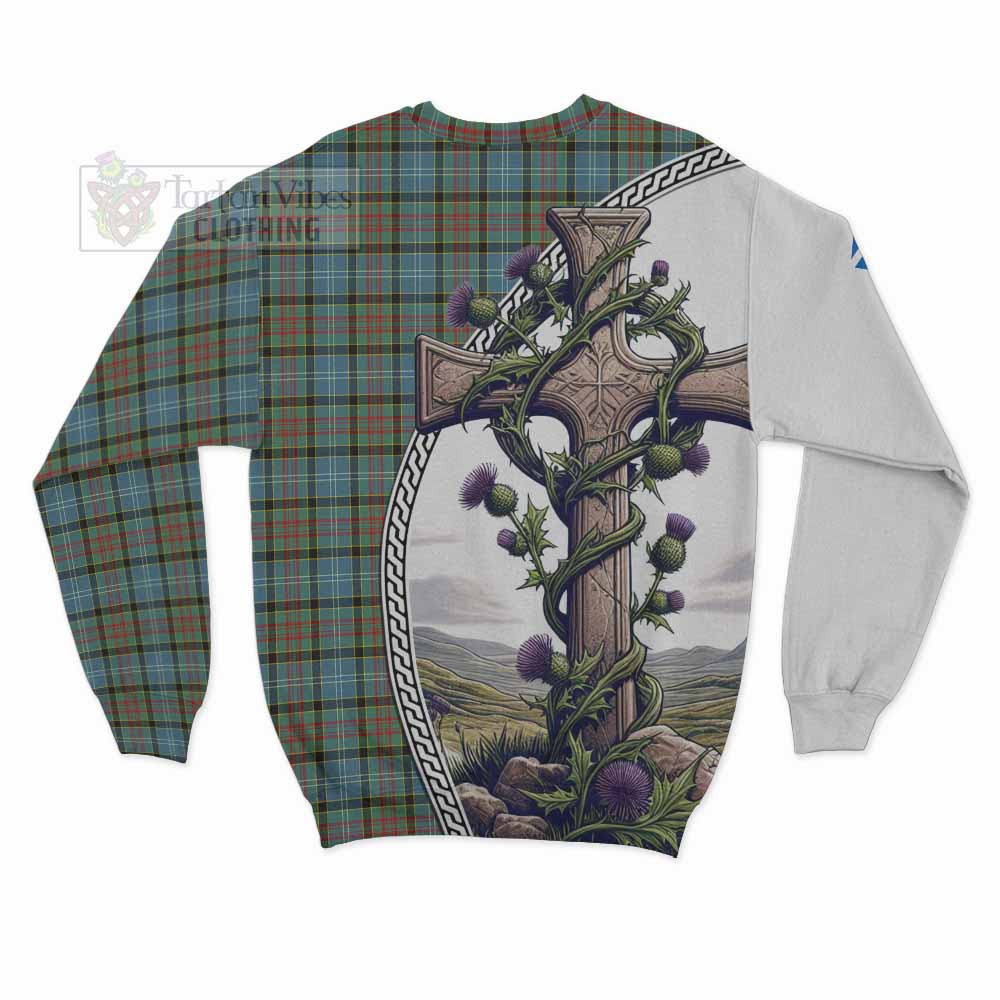 Tartan Vibes Clothing Brisbane Tartan Sweatshirt with Family Crest and St. Andrew's Cross Accented by Thistle Vines