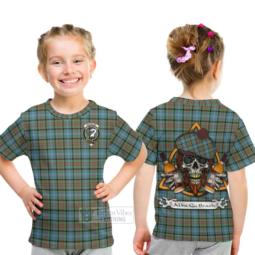 Tartan Vibes Clothing Brisbane Tartan Kid T-Shirt with Family Crest and Bearded Skull Holding Bottles of Whiskey