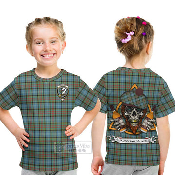 Brisbane Tartan Kid T-Shirt with Family Crest and Bearded Skull Holding Bottles of Whiskey