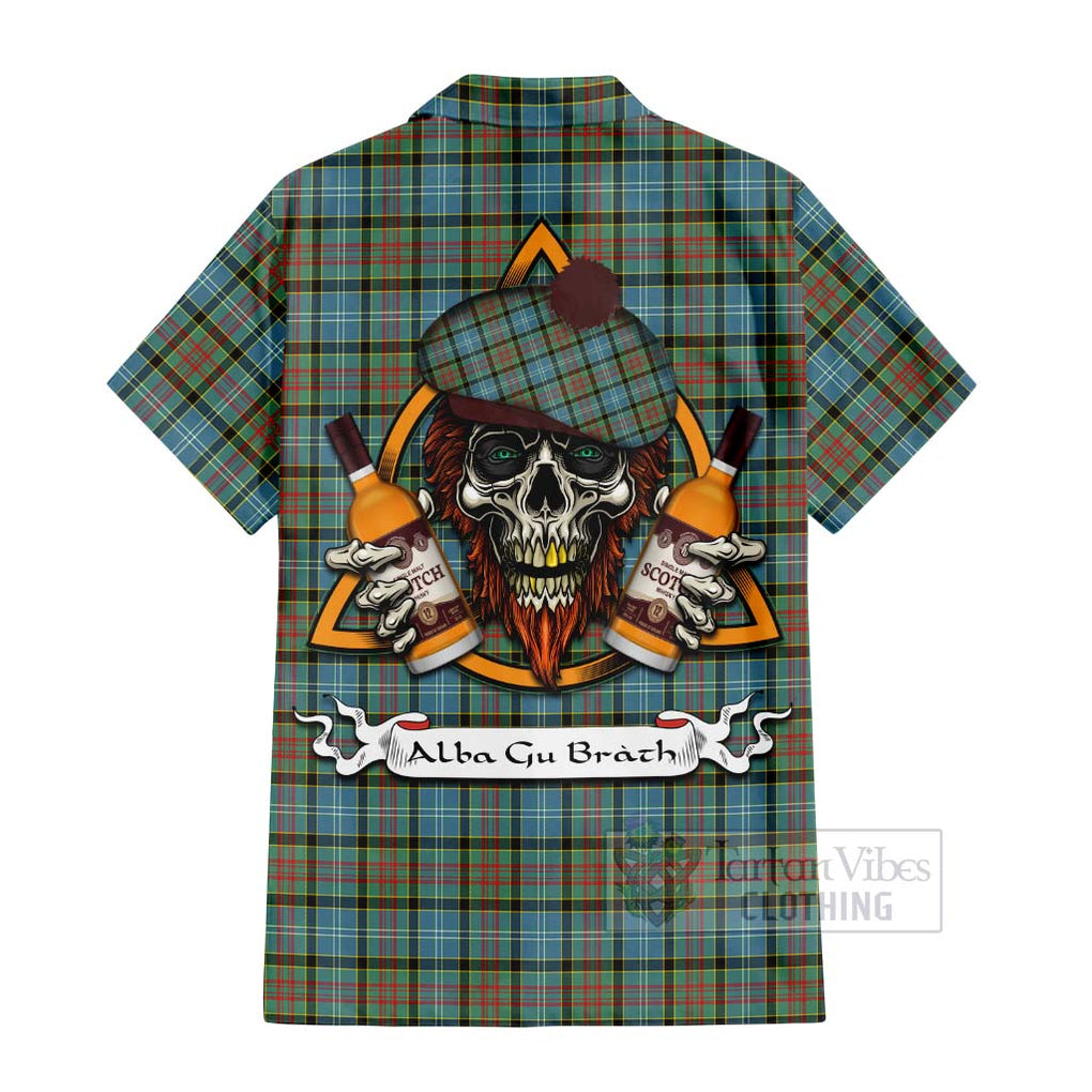 Tartan Vibes Clothing Brisbane Tartan Short Sleeve Button Shirt with Family Crest and Bearded Skull Holding Bottles of Whiskey