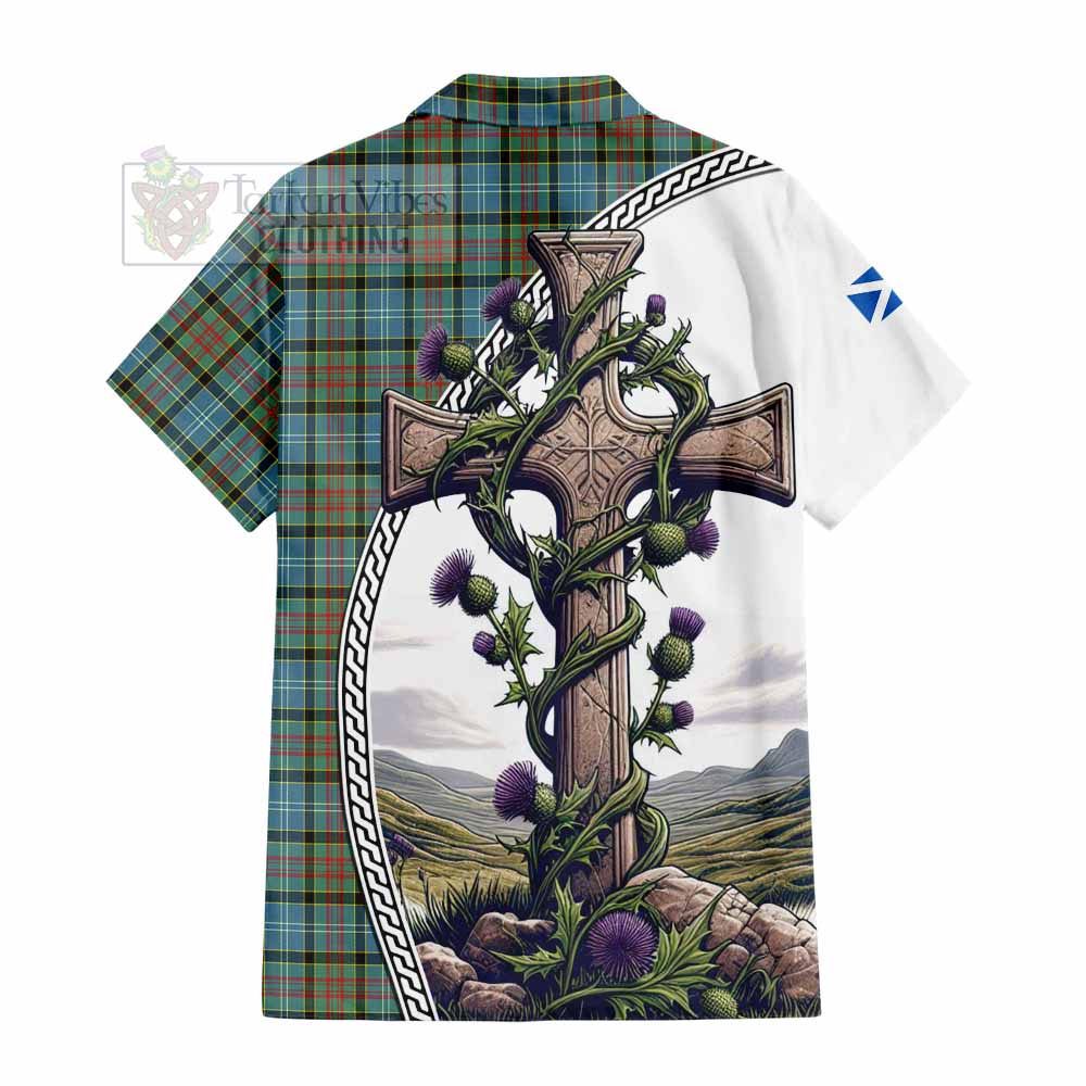 Tartan Vibes Clothing Brisbane Tartan Short Sleeve Button Shirt with Family Crest and St. Andrew's Cross Accented by Thistle Vines