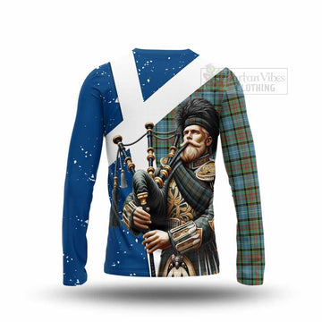 Brisbane Tartan Long Sleeve T-Shirt with Family Crest Scottish Bagpiper Vibes