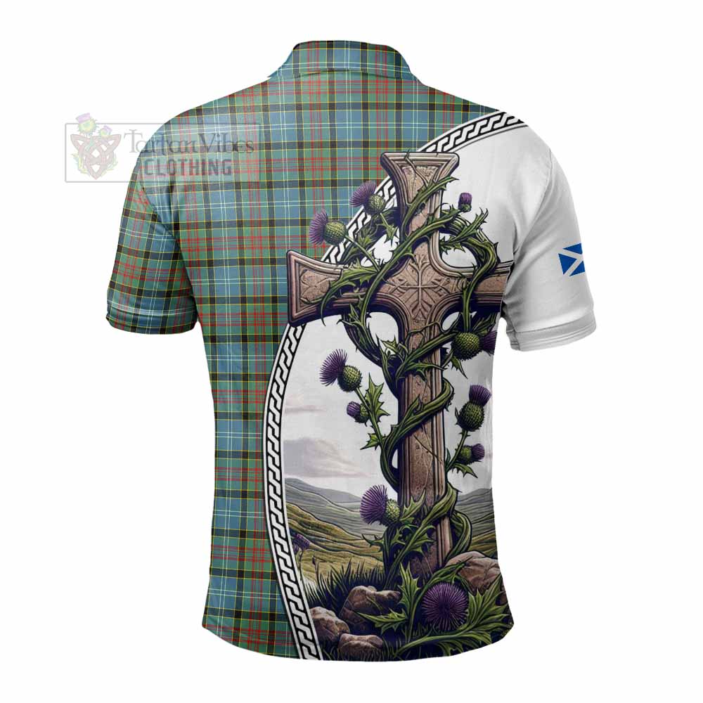 Tartan Vibes Clothing Brisbane Tartan Polo Shirt with Family Crest and St. Andrew's Cross Accented by Thistle Vines