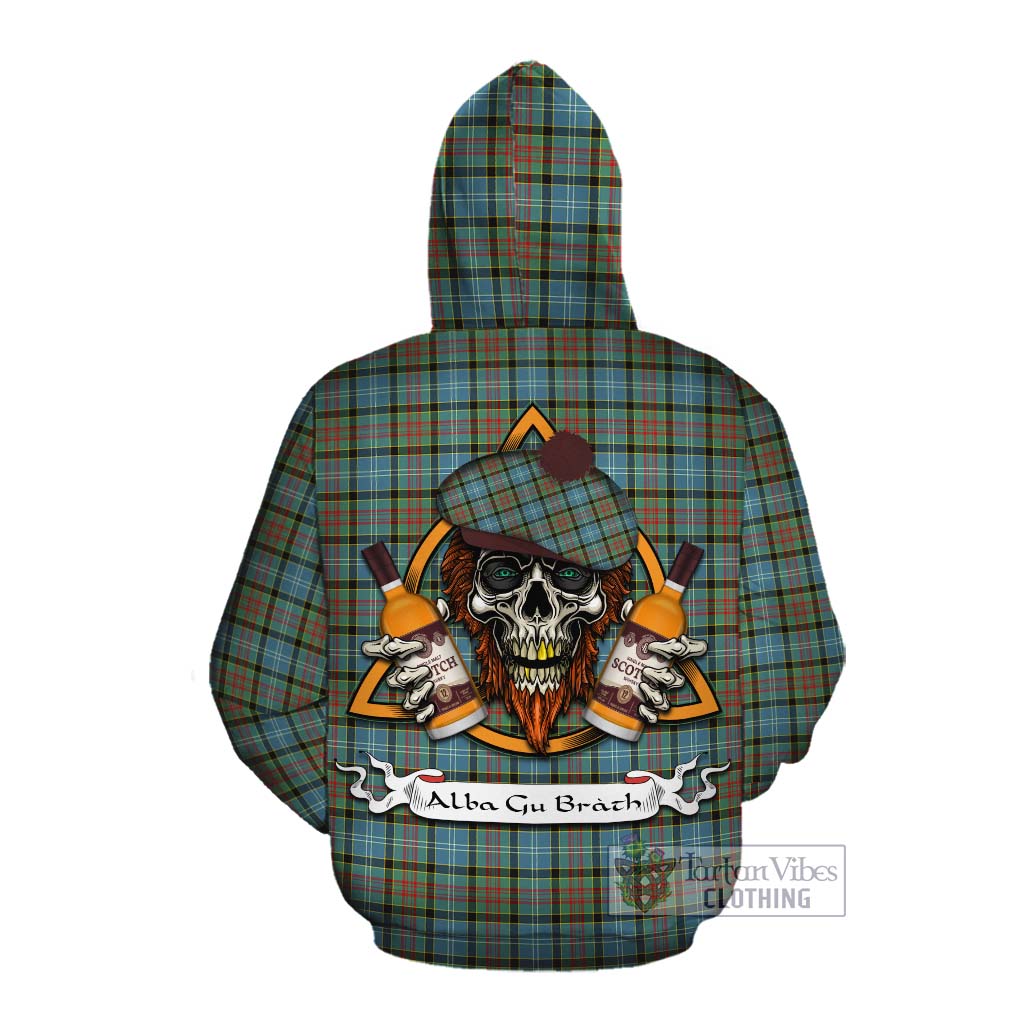 Tartan Vibes Clothing Brisbane Tartan Cotton Hoodie with Family Crest and Bearded Skull Holding Bottles of Whiskey