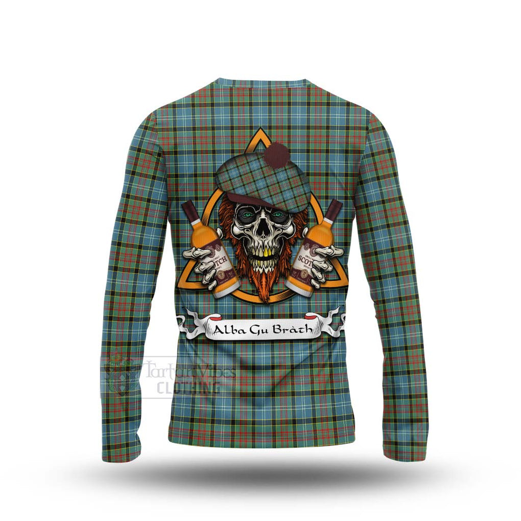 Tartan Vibes Clothing Brisbane Tartan Long Sleeve T-Shirt with Family Crest and Bearded Skull Holding Bottles of Whiskey