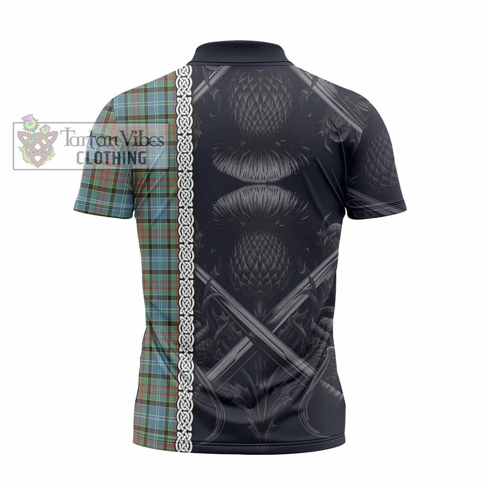 Tartan Vibes Clothing Brisbane Tartan Zipper Polo Shirt with Family Crest Cross Sword Thistle Celtic Vibes