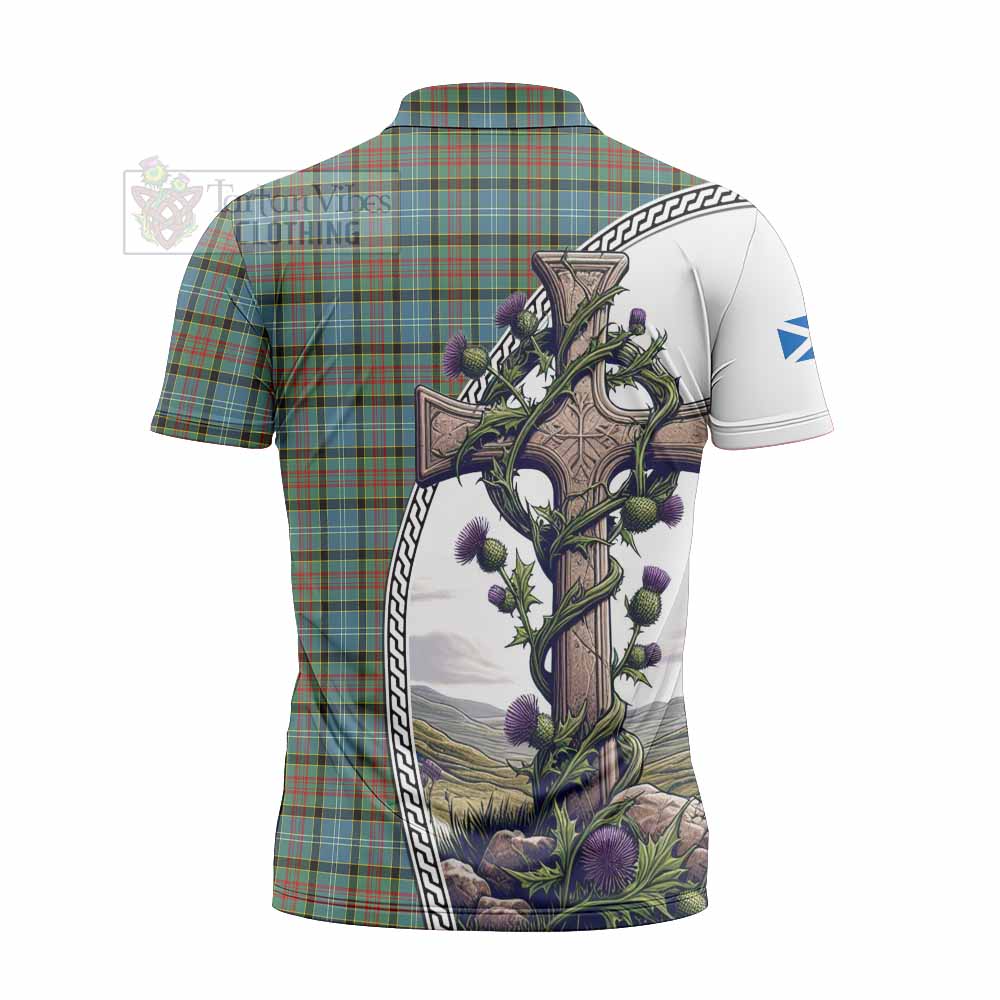 Tartan Vibes Clothing Brisbane Tartan Zipper Polo Shirt with Family Crest and St. Andrew's Cross Accented by Thistle Vines