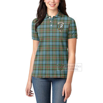 Brisbane Tartan Women's Polo Shirt with Family Crest and Bearded Skull Holding Bottles of Whiskey