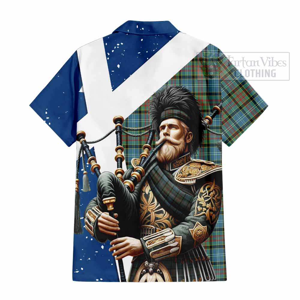 Tartan Vibes Clothing Brisbane Tartan Short Sleeve Button Shirt with Family Crest Scottish Bagpiper Vibes