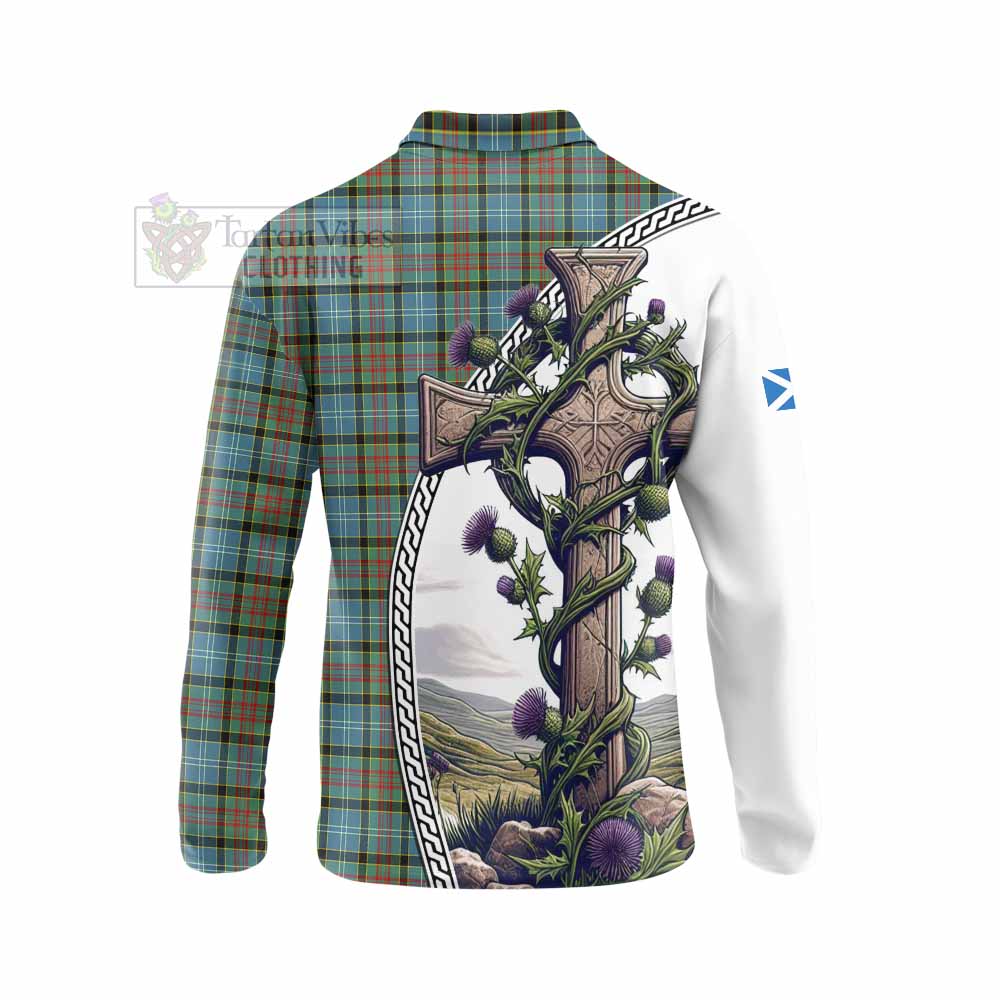 Tartan Vibes Clothing Brisbane Tartan Long Sleeve Polo Shirt with Family Crest and St. Andrew's Cross Accented by Thistle Vines