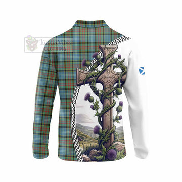 Brisbane Tartan Long Sleeve Polo Shirt with Family Crest and St. Andrew's Cross Accented by Thistle Vines