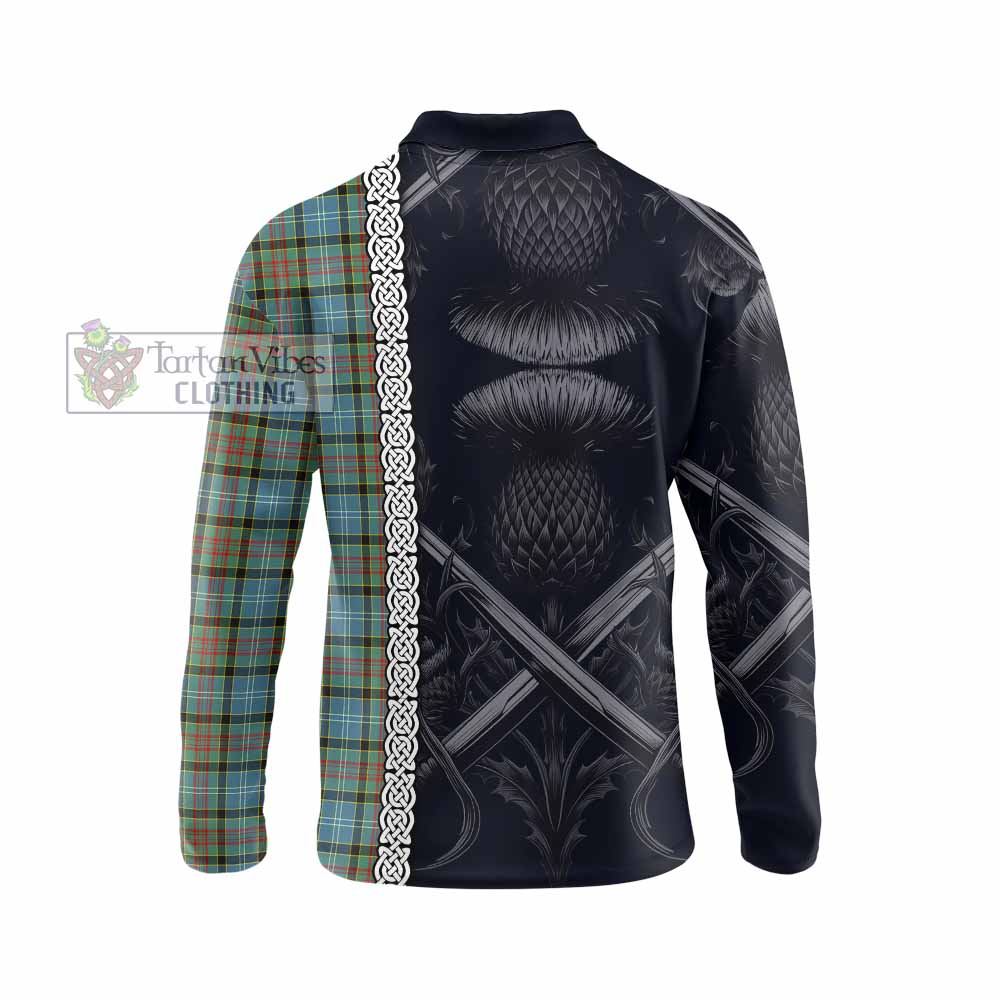 Tartan Vibes Clothing Brisbane Tartan Long Sleeve Polo Shirt with Family Crest Cross Sword Thistle Celtic Vibes