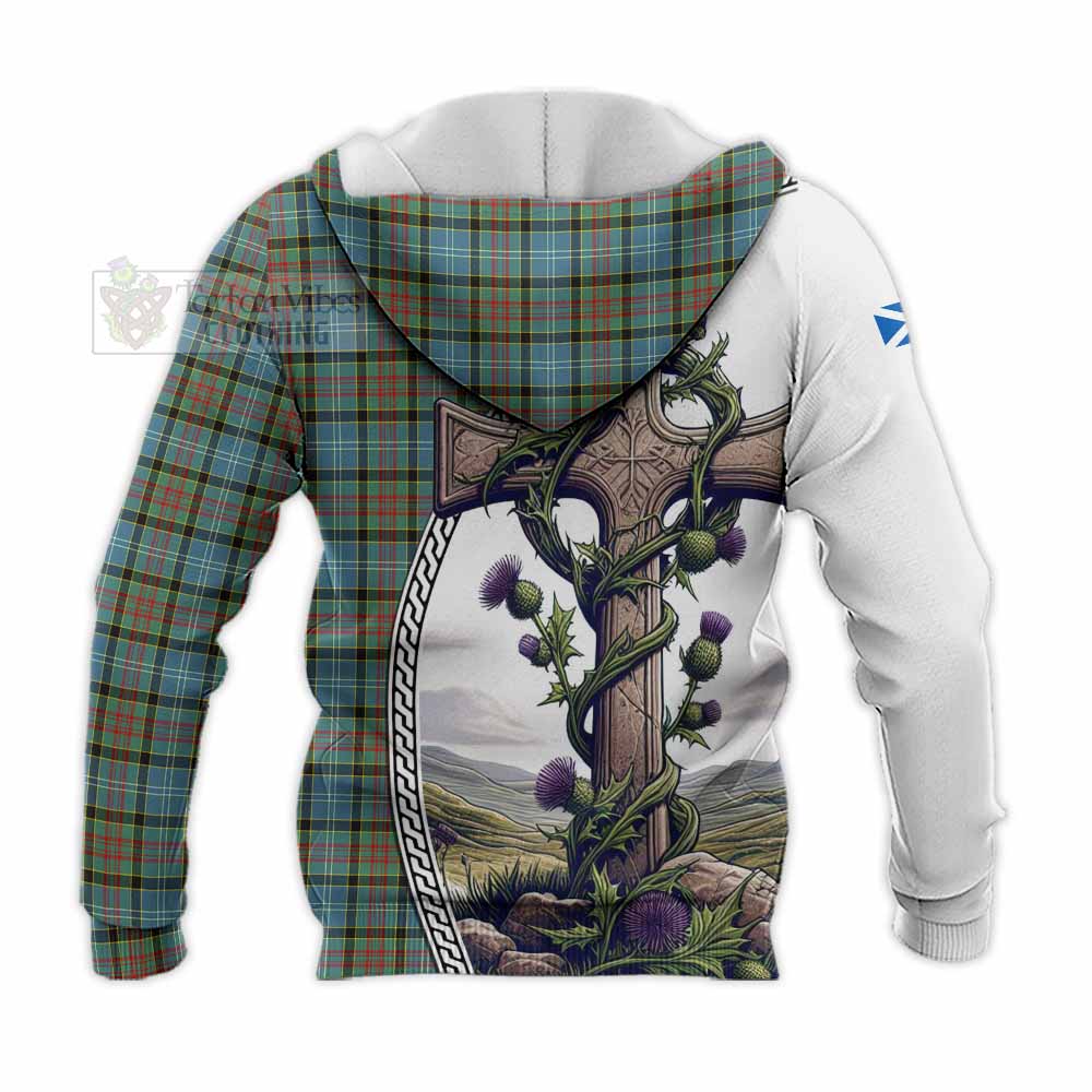 Tartan Vibes Clothing Brisbane Tartan Knitted Hoodie with Family Crest and St. Andrew's Cross Accented by Thistle Vines