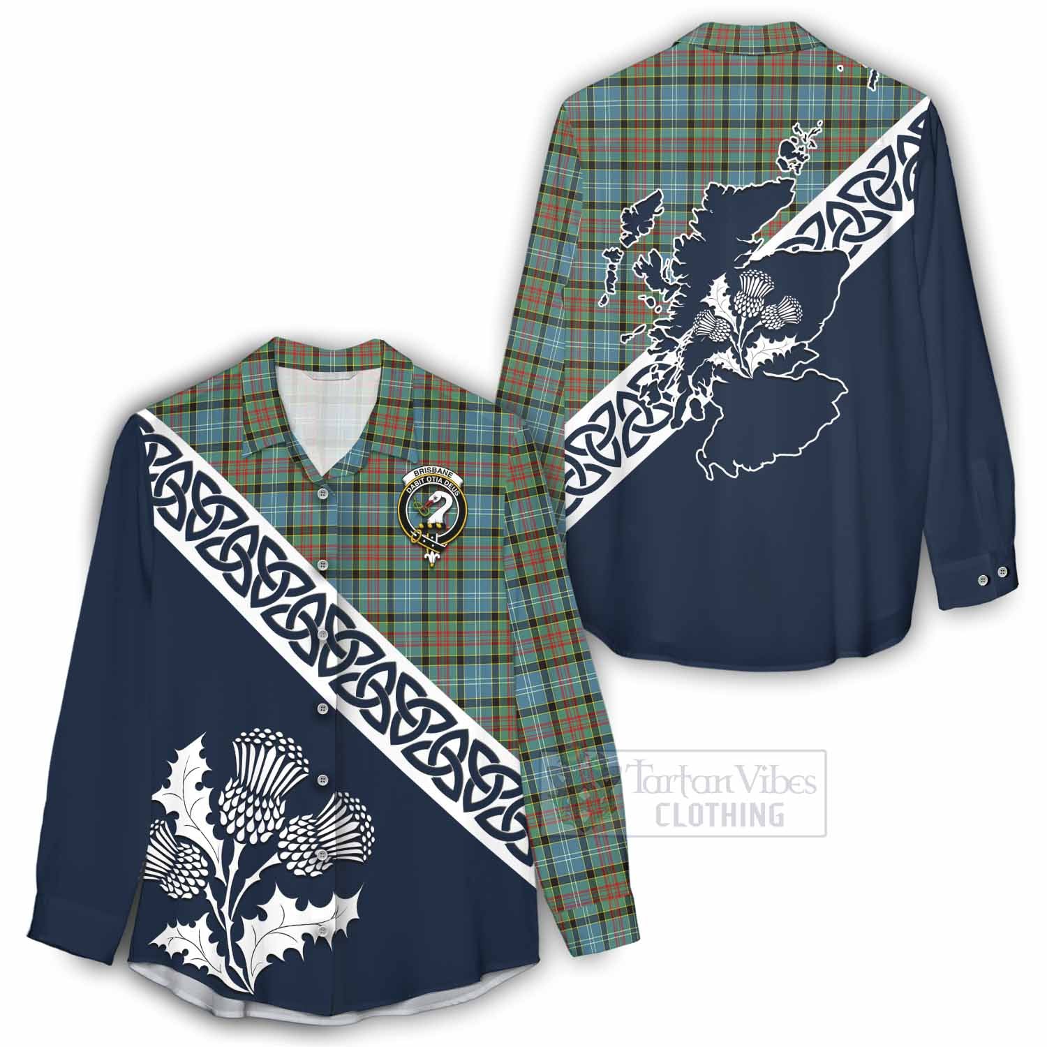 Tartan Vibes Clothing Brisbane Tartan Women's Casual Shirt Featuring Thistle and Scotland Map