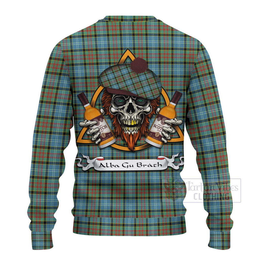 Tartan Vibes Clothing Brisbane Tartan Knitted Sweater with Family Crest and Bearded Skull Holding Bottles of Whiskey