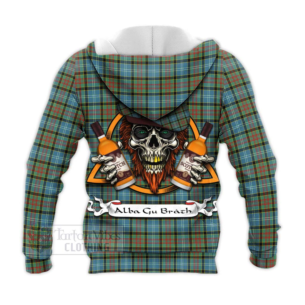 Tartan Vibes Clothing Brisbane Tartan Knitted Hoodie with Family Crest and Bearded Skull Holding Bottles of Whiskey