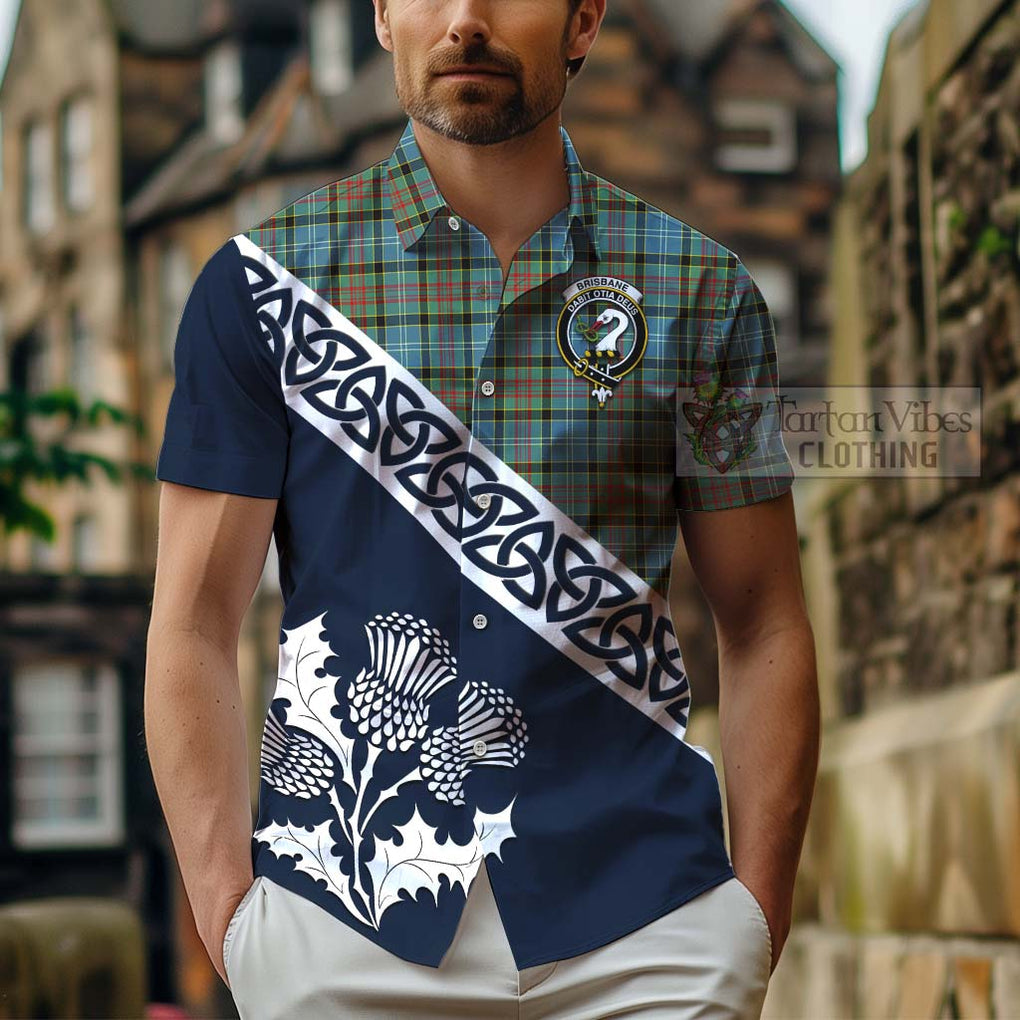 Tartan Vibes Clothing Brisbane Tartan Short Sleeve Button Shirt Featuring Thistle and Scotland Map