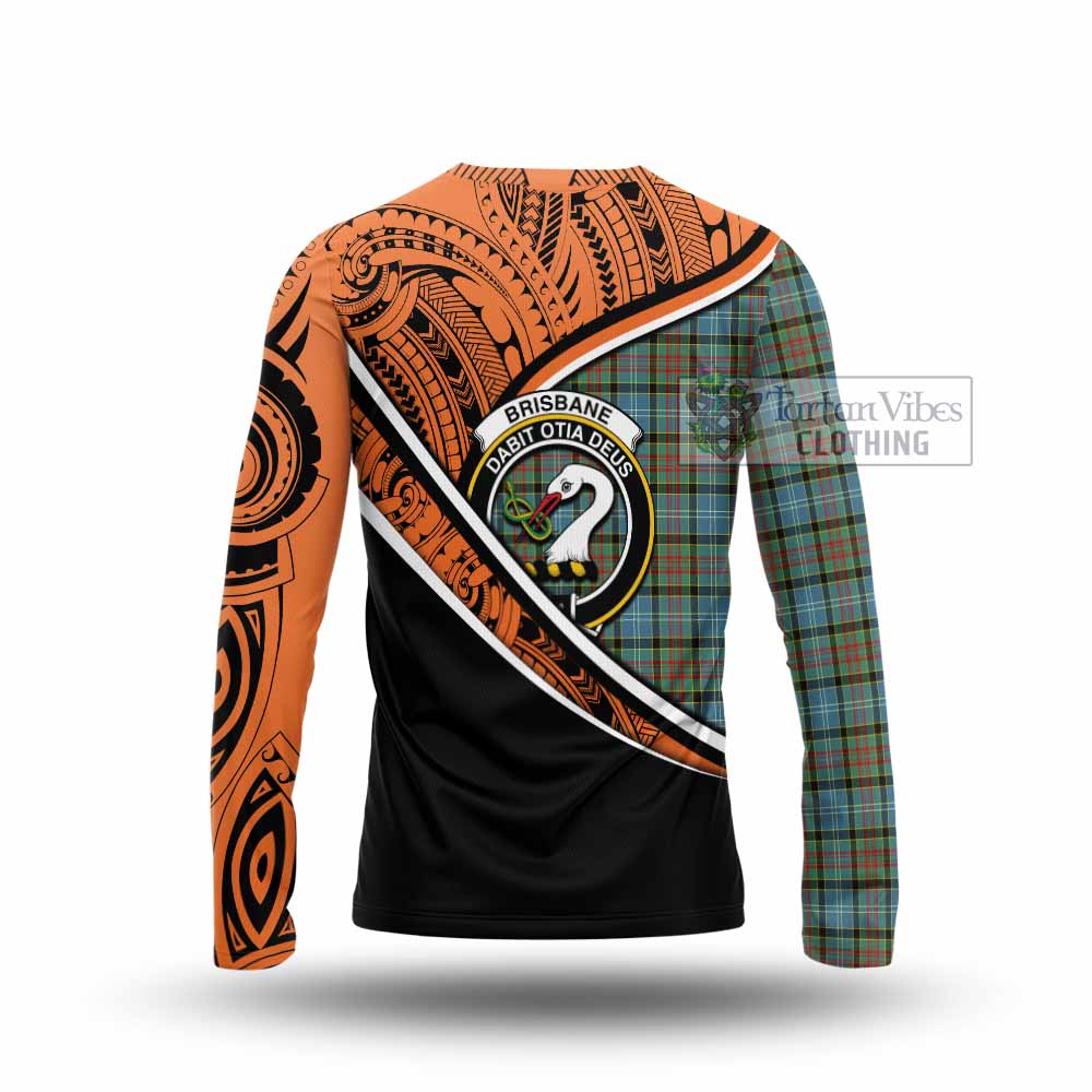 Tartan Vibes Clothing Brisbane Crest Tartan Long Sleeve T-Shirt with Maori Tattoo Style - Orange Version