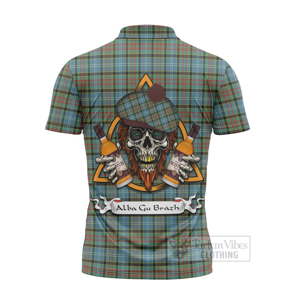 Tartan Vibes Clothing Brisbane Tartan Zipper Polo Shirt with Family Crest and Bearded Skull Holding Bottles of Whiskey