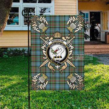 Brisbane Tartan Flag with Family Crest and Golden Thistle Crossed Sword Design