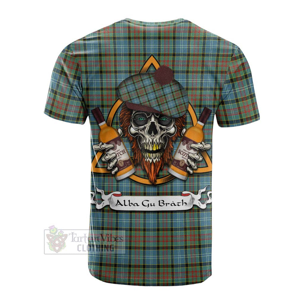 Tartan Vibes Clothing Brisbane Tartan Cotton T-shirt with Family Crest and Bearded Skull Holding Bottles of Whiskey