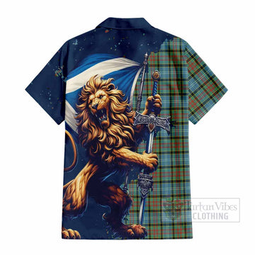 Brisbane Tartan Family Crest Short Sleeve Button Shirt with Scottish Majestic Lion