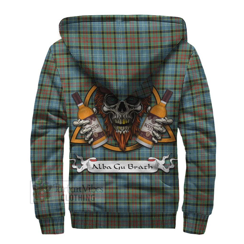 Tartan Vibes Clothing Brisbane Tartan Sherpa Hoodie with Family Crest and Bearded Skull Holding Bottles of Whiskey