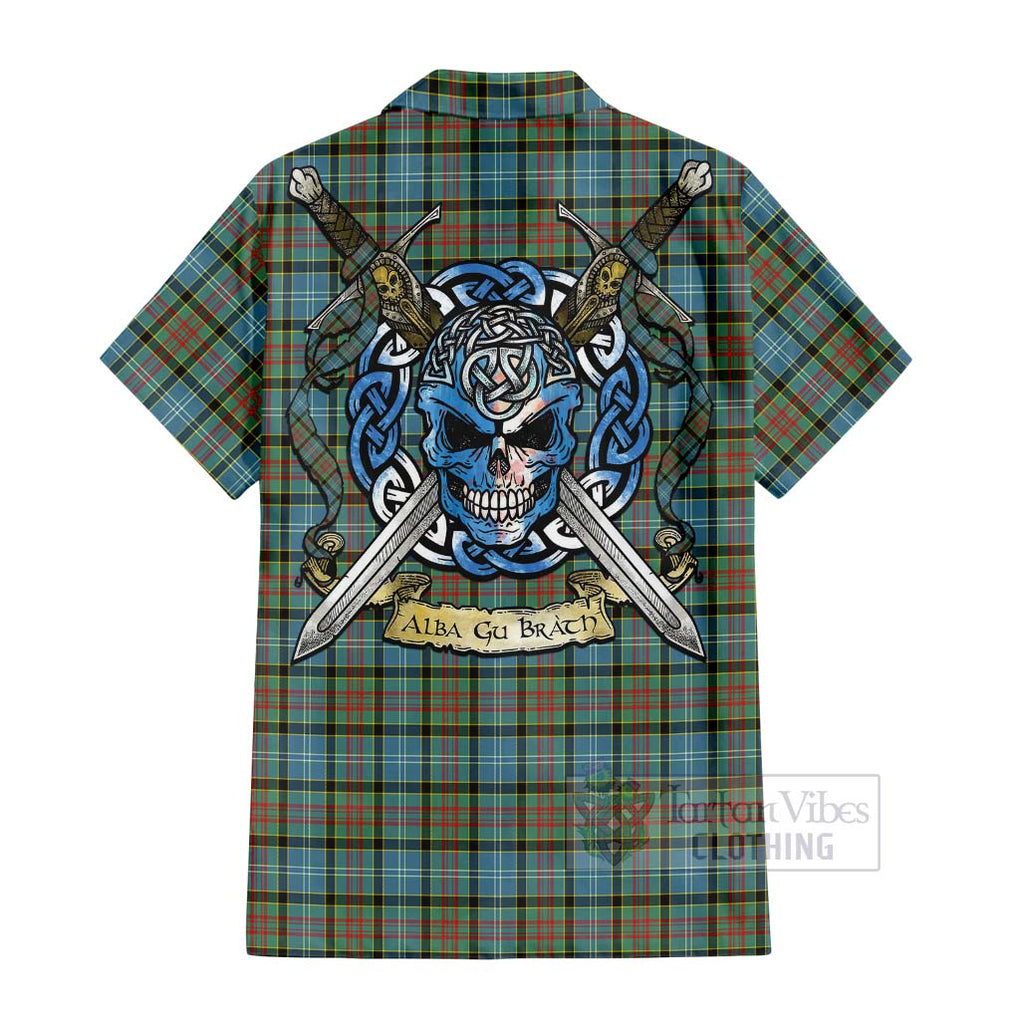 Tartan Vibes Clothing Brisbane Tartan Short Sleeve Button Shirt with Family Crest Celtic Skull Style