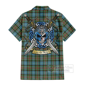 Brisbane Tartan Short Sleeve Button Shirt with Family Crest Celtic Skull Style