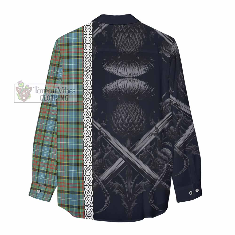 Tartan Vibes Clothing Brisbane Tartan Women's Casual Shirt with Family Crest Cross Sword Thistle Celtic Vibes