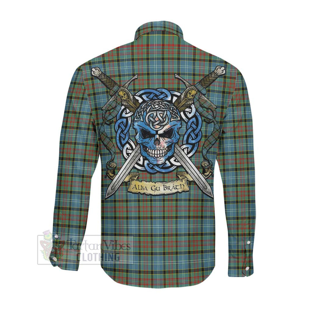 Tartan Vibes Clothing Brisbane Tartan Long Sleeve Button Shirt with Family Crest Celtic Skull Style