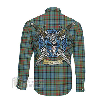 Brisbane Tartan Long Sleeve Button Shirt with Family Crest Celtic Skull Style