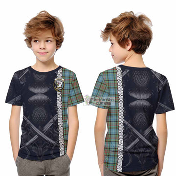 Brisbane Tartan Kid T-Shirt with Family Crest Cross Sword Thistle Celtic Vibes