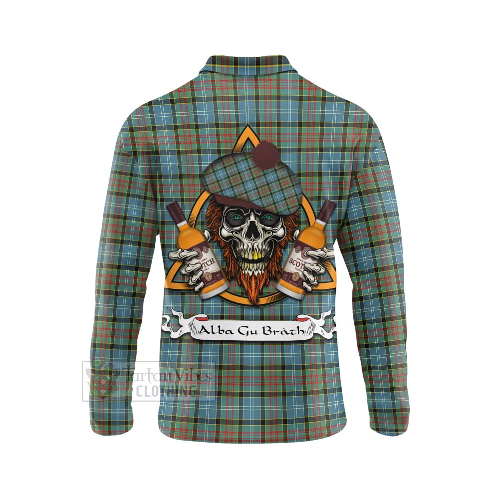 Tartan Vibes Clothing Brisbane Tartan Long Sleeve Polo Shirt with Family Crest and Bearded Skull Holding Bottles of Whiskey