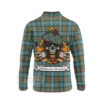 Brisbane Tartan Long Sleeve Polo Shirt with Family Crest and Bearded Skull Holding Bottles of Whiskey