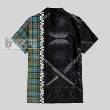 Brisbane Tartan Short Sleeve Button Shirt with Family Crest Cross Sword Thistle Celtic Vibes