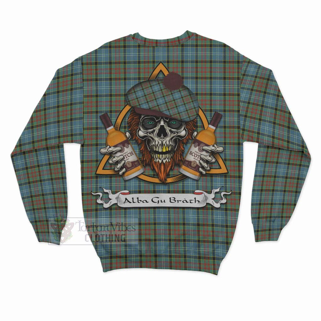 Tartan Vibes Clothing Brisbane Tartan Sweatshirt with Family Crest and Bearded Skull Holding Bottles of Whiskey