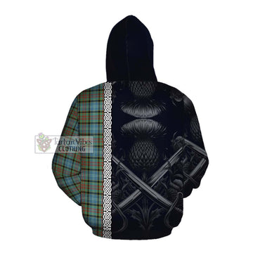 Brisbane Tartan Cotton Hoodie with Family Crest Cross Sword Thistle Celtic Vibes