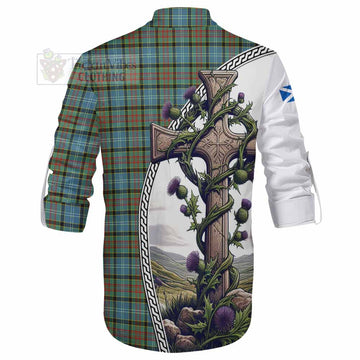 Brisbane Tartan Ghillie Kilt Shirt with Family Crest and St. Andrew's Cross Accented by Thistle Vines