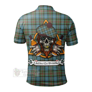 Brisbane Tartan Polo Shirt with Family Crest and Bearded Skull Holding Bottles of Whiskey