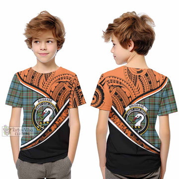 Brisbane Crest Tartan Kid T-Shirt with Polynesian Vibes Style - Orange Version