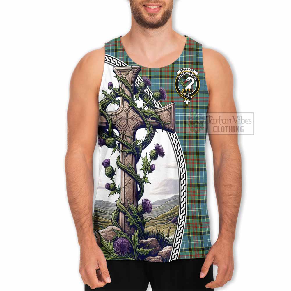 Tartan Vibes Clothing Brisbane Tartan Men's Tank Top with Family Crest and St. Andrew's Cross Accented by Thistle Vines