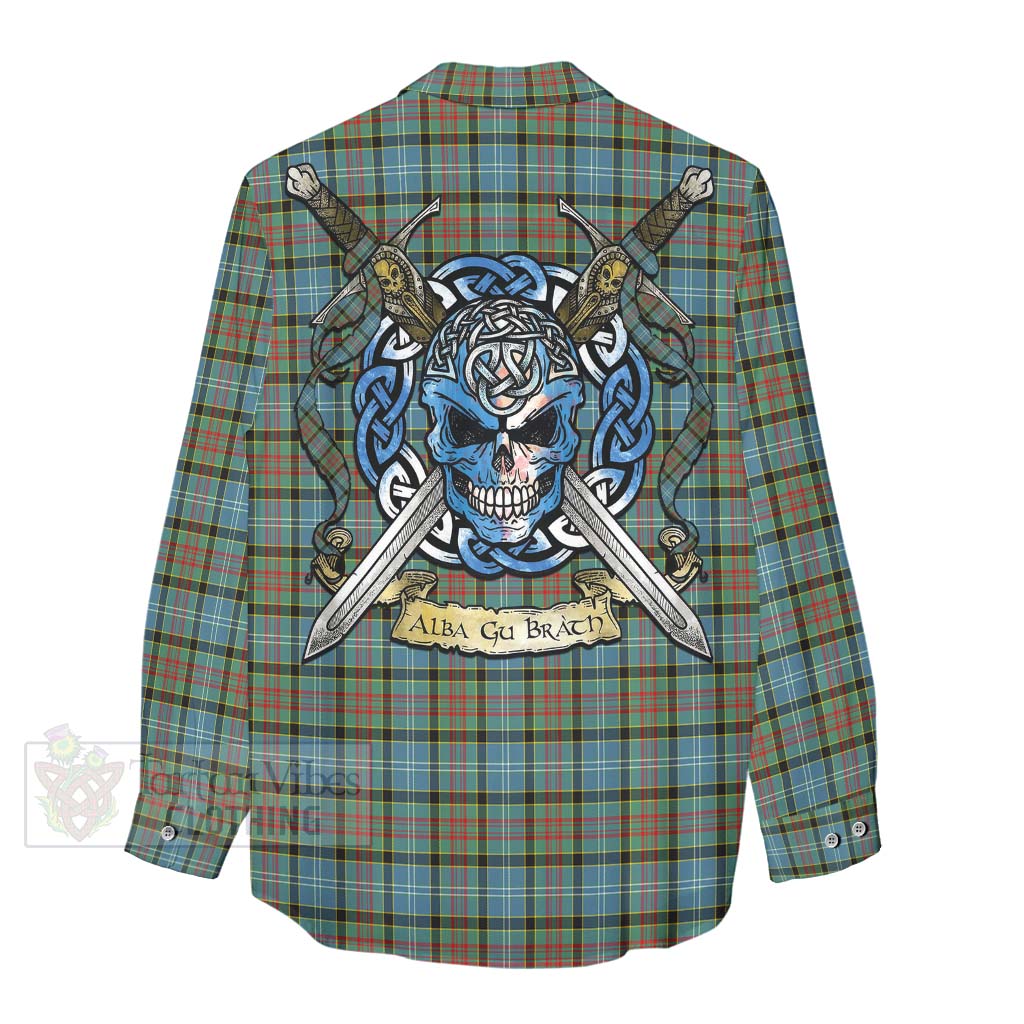 Tartan Vibes Clothing Brisbane Tartan Women's Casual Shirt with Family Crest Celtic Skull Style