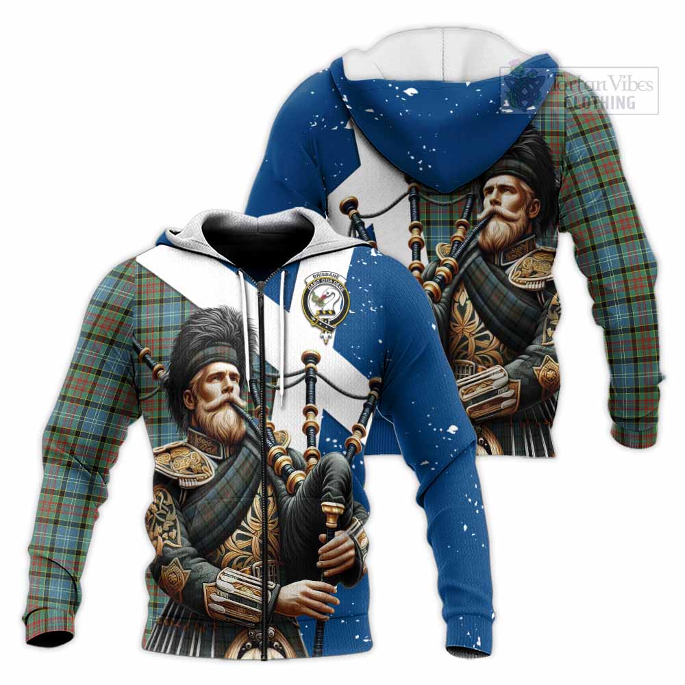 Tartan Vibes Clothing Brisbane Tartan Knitted Hoodie with Family Crest Scottish Bagpiper Vibes