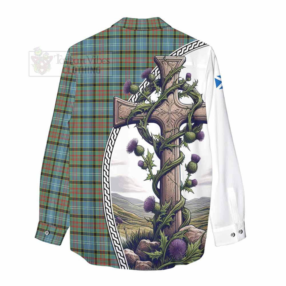 Tartan Vibes Clothing Brisbane Tartan Women's Casual Shirt with Family Crest and St. Andrew's Cross Accented by Thistle Vines