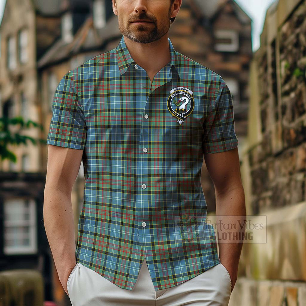 Tartan Vibes Clothing Brisbane Tartan Short Sleeve Button Shirt with Family Crest Celtic Skull Style