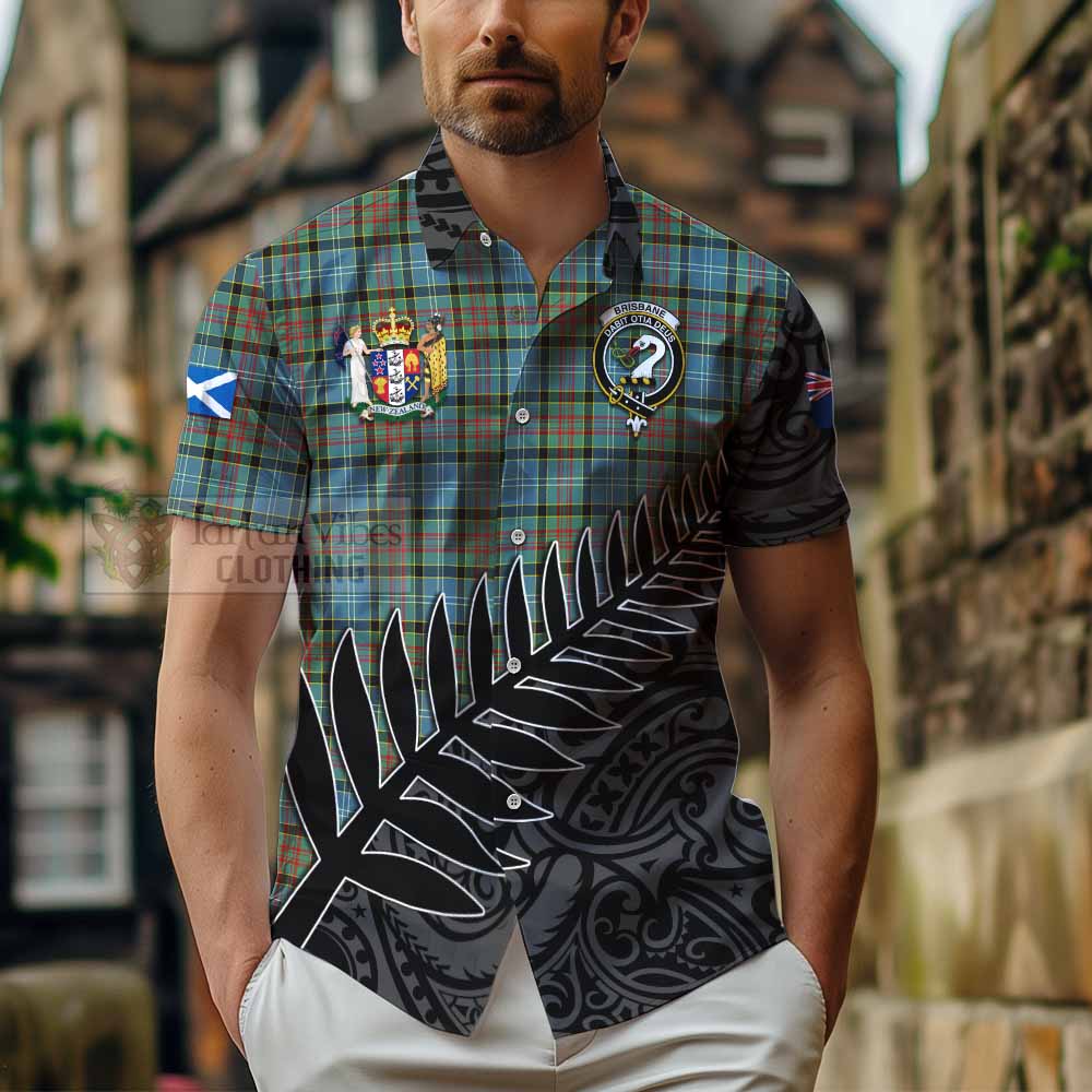 Tartan Vibes Clothing Brisbane Crest Tartan Short Sleeve Button Shirt with New Zealand Silver Fern Half Style