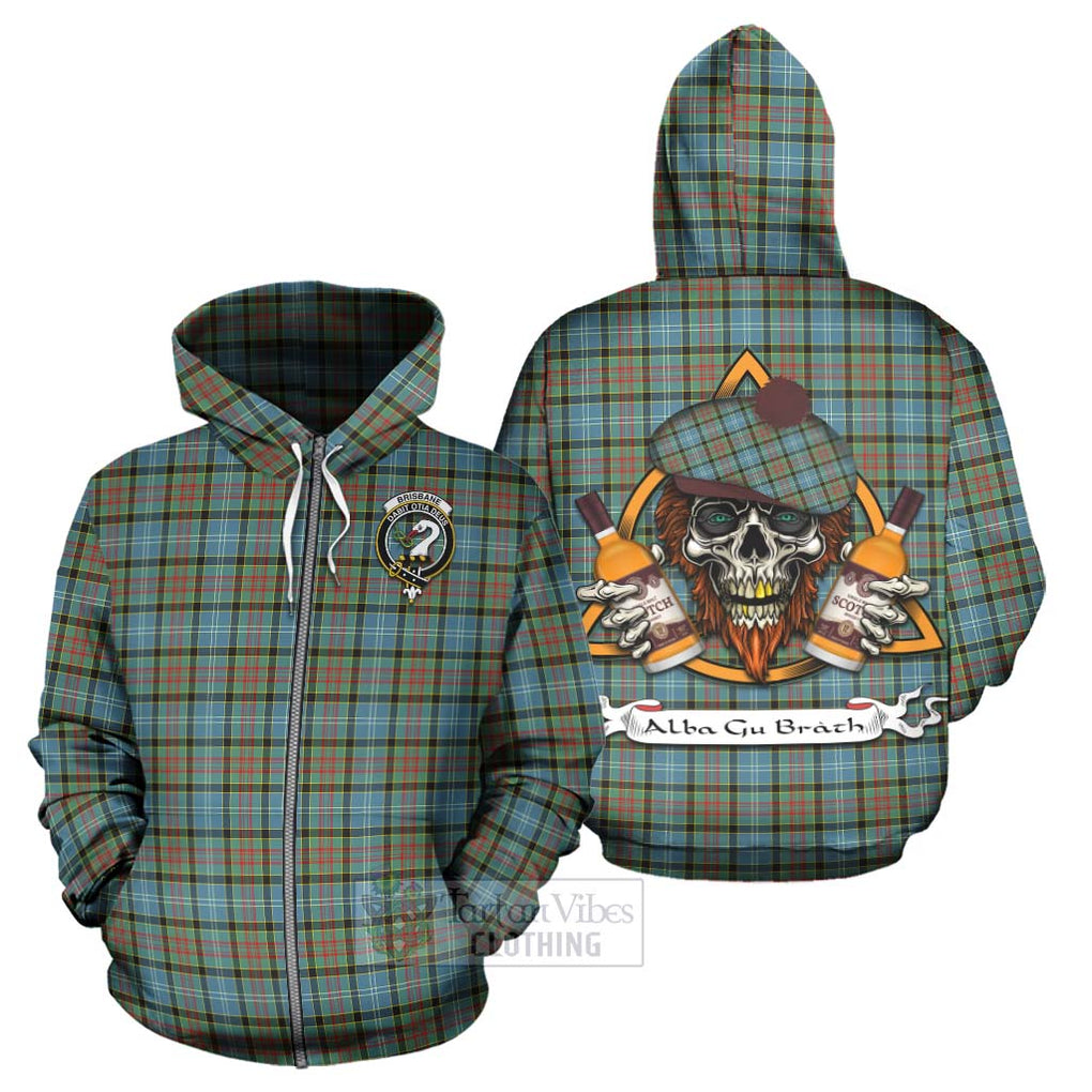 Tartan Vibes Clothing Brisbane Tartan Hoodie with Family Crest and Bearded Skull Holding Bottles of Whiskey